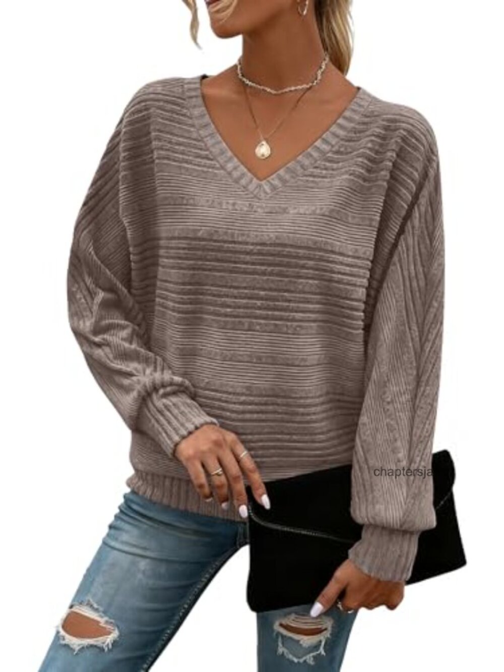 Women's V-Neck Batwing Long Sleeve Tunic Sweater Pullover